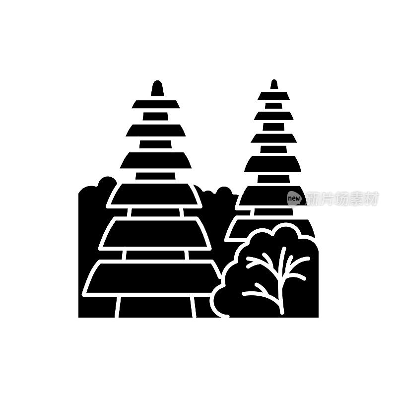 Pura tanah lot寺庙在巴厘岛字形图标。印尼的旅游目的地和宗教场所。有草屋顶的印度教寺庙。轮廓的象征。负空间。向量孤立的插图